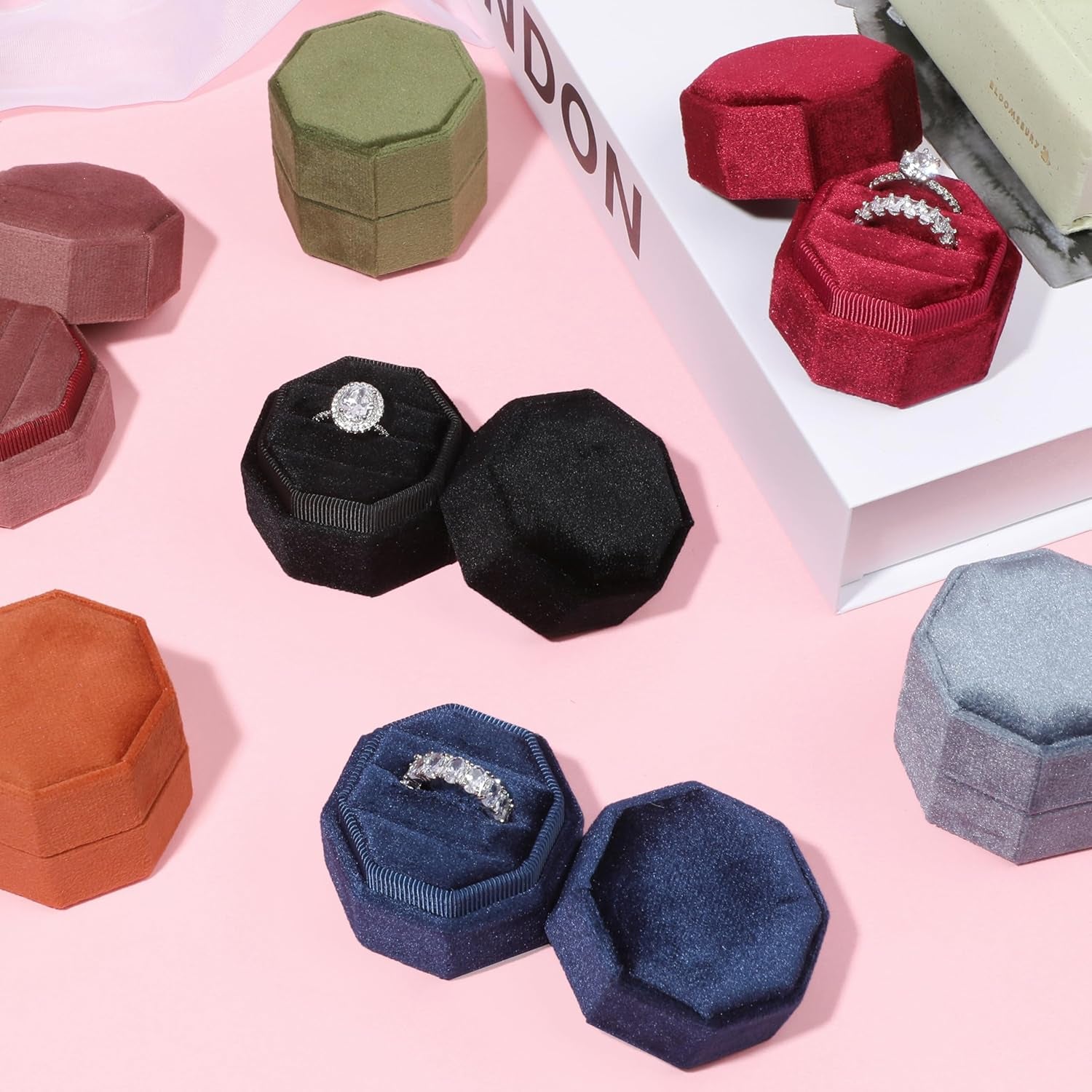 Velvet 3 Slots Jewelry Ring Box Engagement Wedding Box Keepsake Box Bridal Photo Ring Triple Slots Octagon (Black)