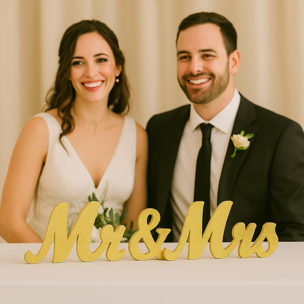 Gold Wooden Mr & Mrs Signs for Wedding Decorations - Reception & Sweetheart Table Decor