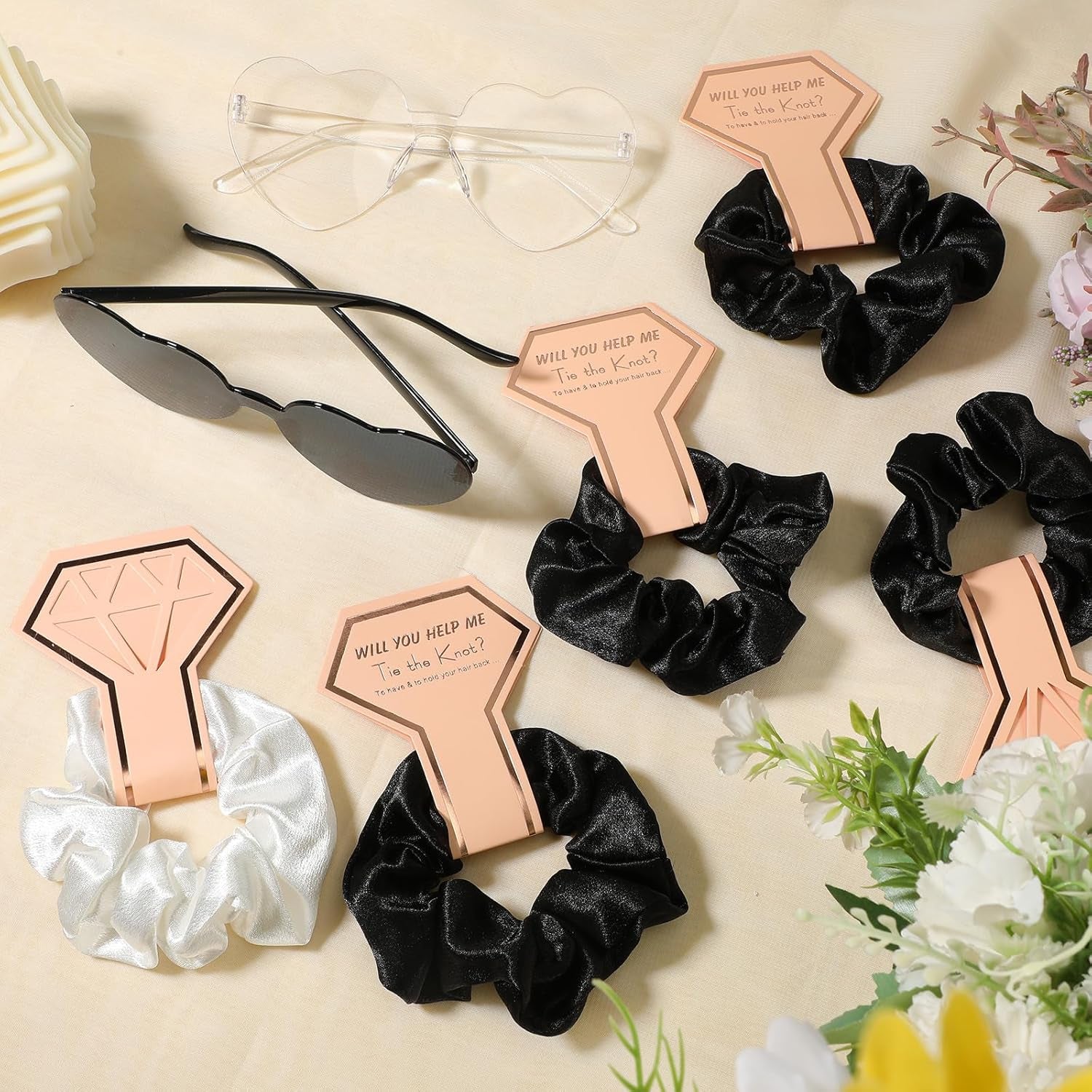 27 Pcs Bridesmaid Proposal Gift Bride Cosmetic Makeup Bags Bridal Hair Scrunchies Ties Heart Shape Sunglasses for Wedding Bachelorette Party Favor(Black, White)