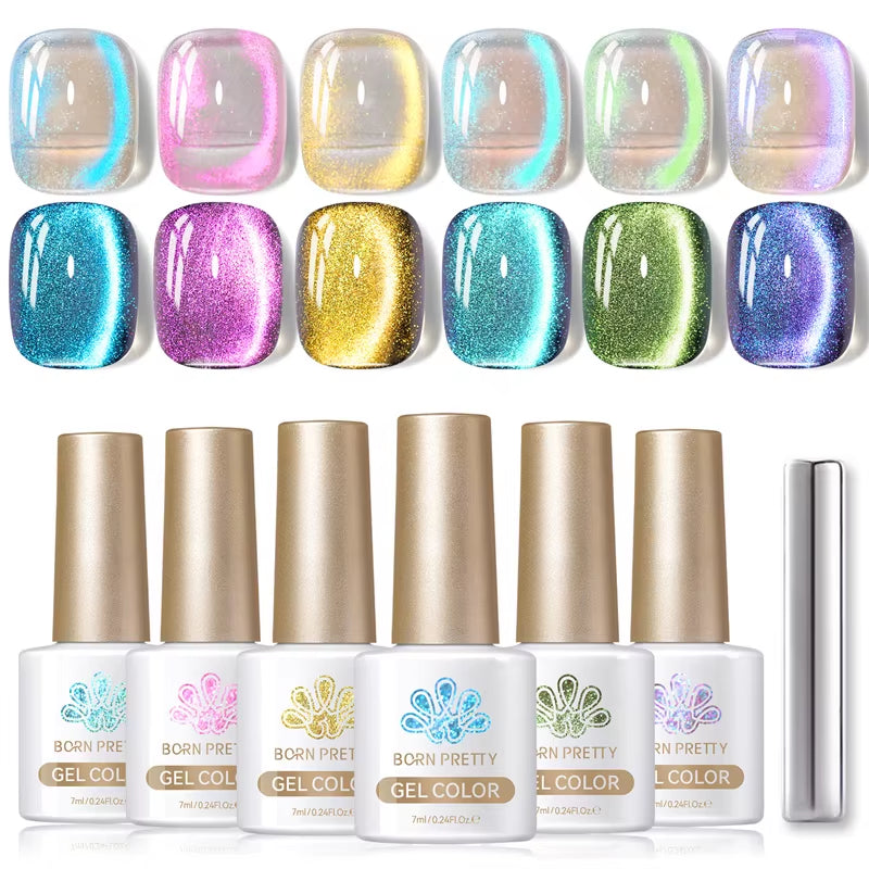 6PCS Pink Ocean Cat Magnetic Nail Gel Polish Set - Holographic Jelly Manicure Kit for Salon-Quality Art