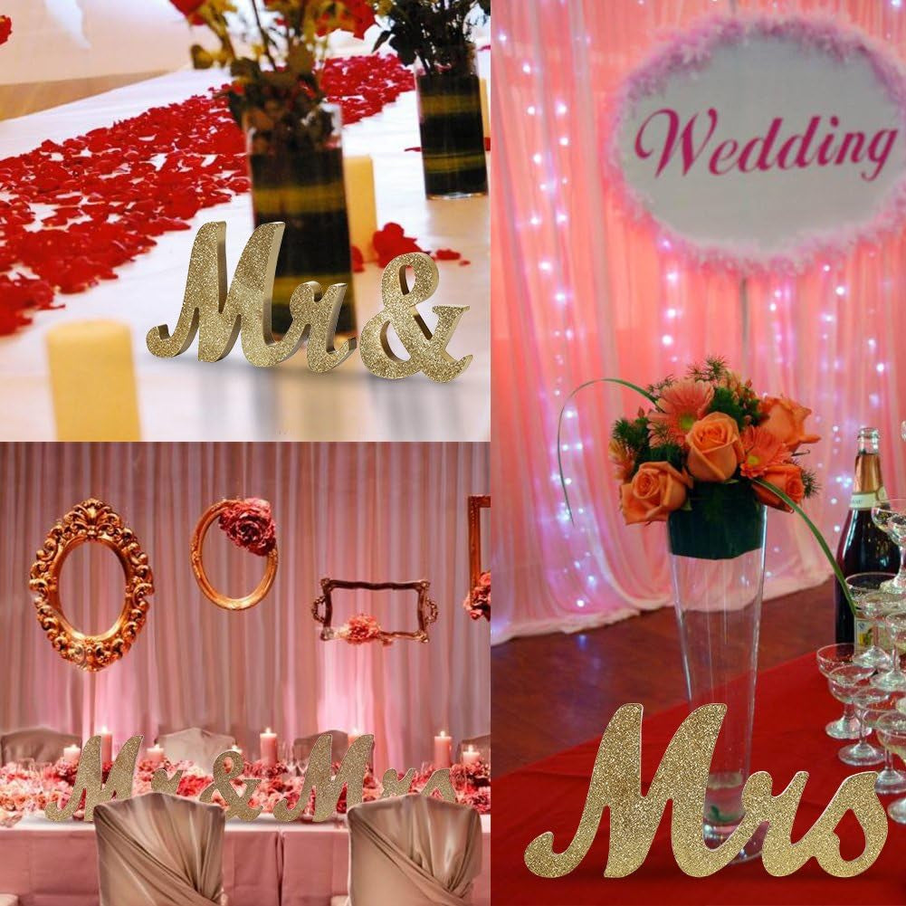 Mr & Mrs Freestanding Wooden Letters - Glitter Finish - Perfect for Sweetheart Table or Rustic Wedding Decor, Anniversary, Showers (Golden)