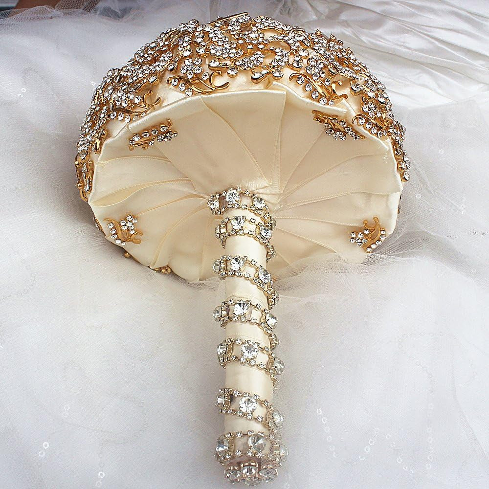 Wedding Bouquet with Golden Luxury Artificial Diamond,Set Including Bouquets, Wrist Flowers,Corsage for Your Wedding with Full Hand-Made (Gold+Ivory)