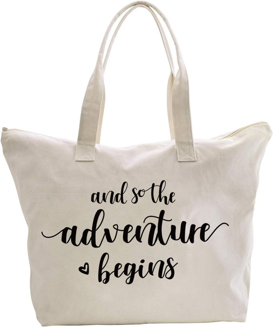 Bridal Shower Gifts for Bride Bag Bride to Be Gifts Honeymoon Wedding Engagement Graduation Present and so the Adventure Begins Tote with Zipper and Pocket Canvas