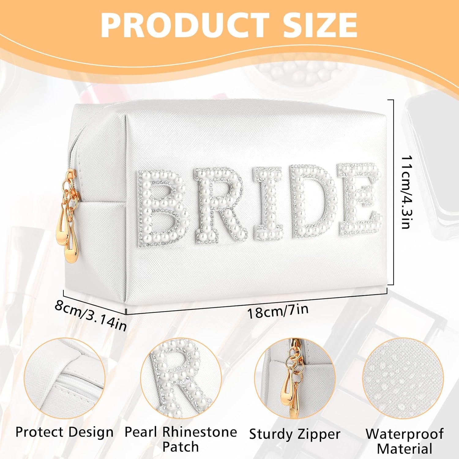 Bride Letter Makeup Bag Pearl Patch Bride Cosmetic Bag Rhinestone Travel Toiletry Bag Waterproof Zipper Purse for Bachelorette Party Women Wedding Bridal Bridesmaid Gifts Engagement Gift