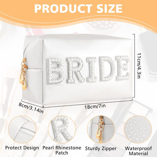 Bride Letter Makeup Bag Pearl Patch Bride Cosmetic Bag Rhinestone Travel Toiletry Bag Waterproof Zipper Purse for Bachelorette Party Women Wedding Bridal Bridesmaid Gifts Engagement Gift
