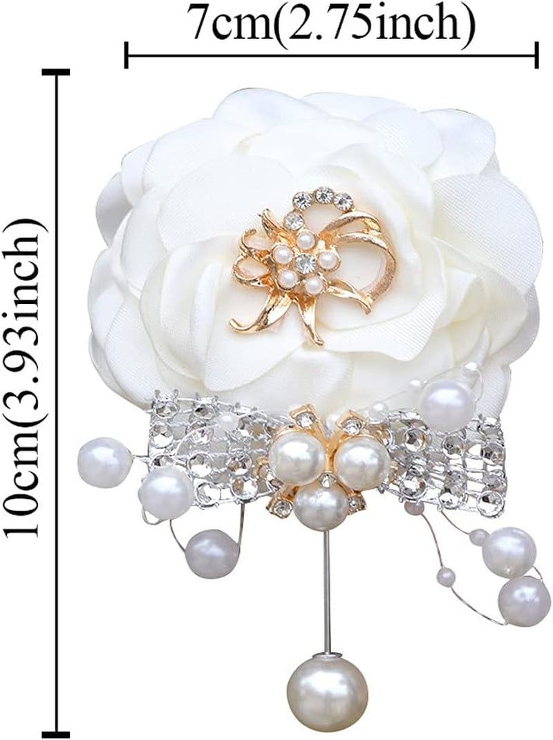 Handmade Artificial Rose Wrist Corsage and Boutonniere Set for Men White Wedding Flowers Accessories Party Prom Suit Decorations (White)