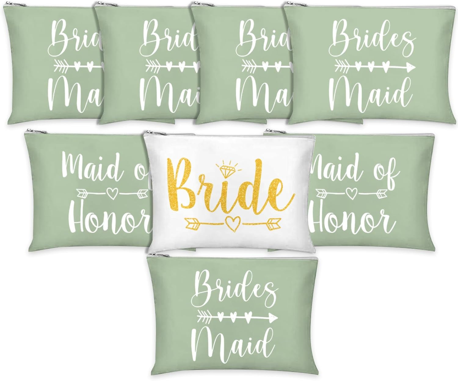 8Pcs Bridesmaids Makeup Bags Wedding Bridal Cosmetic Canvas Organizer Bag Sage Green Maid of Honor Zipper Cosmetic Pouch for Women Wedding Bridal Shower Party Favor Supplies