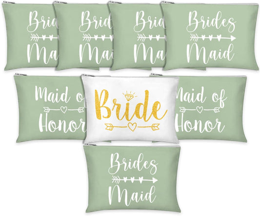 8Pcs Bridesmaids Makeup Bags Wedding Bridal Cosmetic Canvas Organizer Bag Sage Green Maid of Honor Zipper Cosmetic Pouch for Women Wedding Bridal Shower Party Favor Supplies