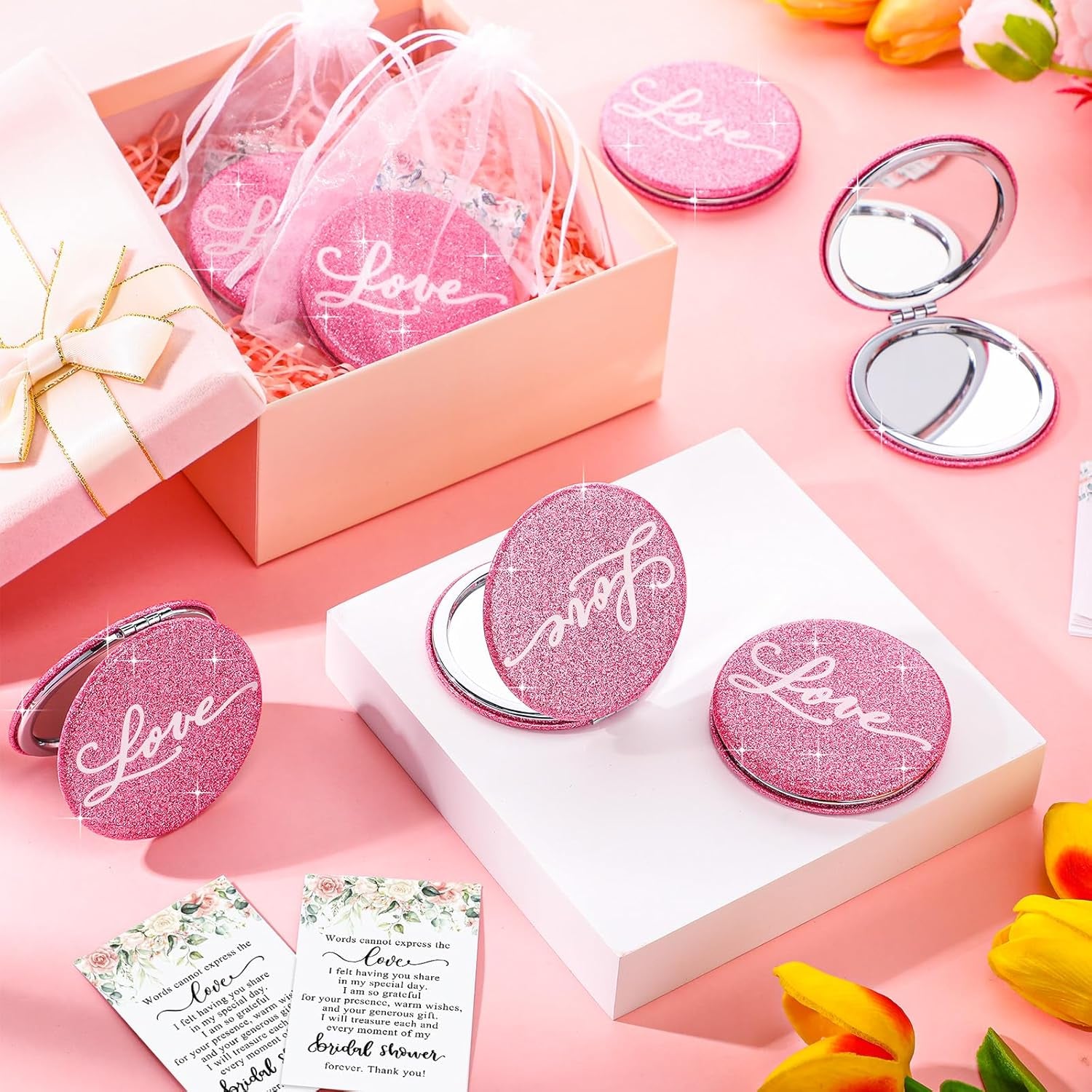 12 Sets Bridal Shower Favors for Guests 12 Pink Compact Mirror Bulk 12 Thank You Cards with Organza Bags Wedding Party Favors Bridesmaid Souvenir Gifts