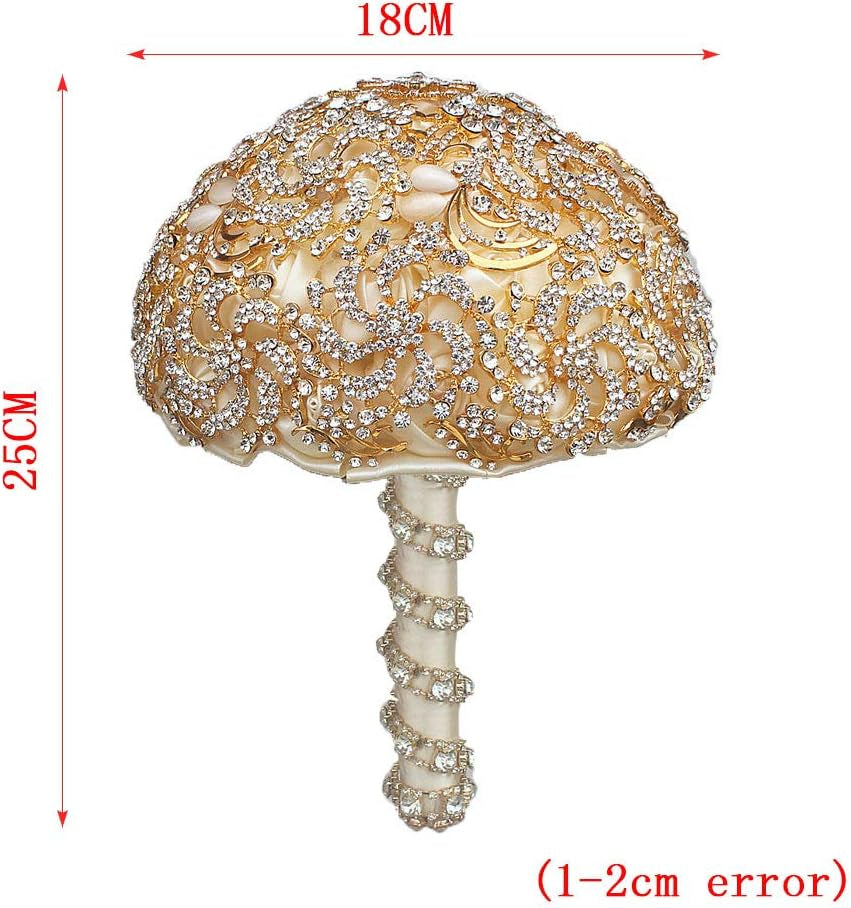 Wedding Bouquet with Golden Luxury Artificial Diamond,Set Including Bouquets, Wrist Flowers,Corsage for Your Wedding with Full Hand-Made (Gold+Ivory)
