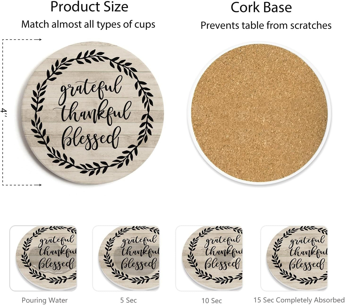 Coasters for Drinks, Set of 6 Absorbent Drink Coasters with Holder, Farmhouse Style Ceramic Drink Coasters with Cork Backing for Table Protection, Housewarming Gifts for New Home