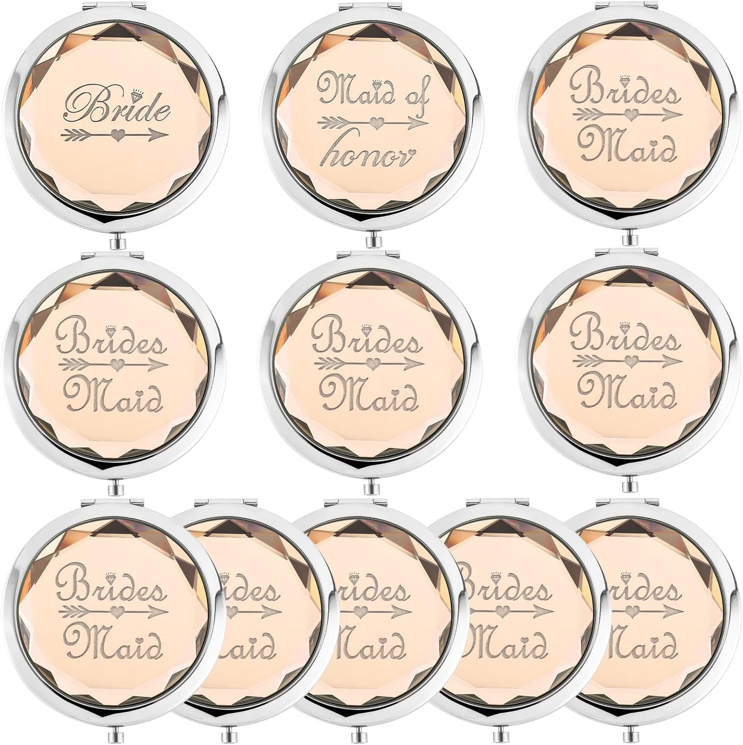 Pack of 11 Bridesmaid Gifts Set Include 1 Bride 1 Maid of Honor 9 Bridesmaid Pocket Compact Makeup Mirrors for Bachelorette Party Bridesmaid Proposal Gifts. (Champagne)