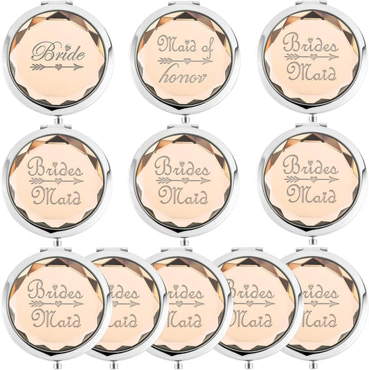 Pack of 11 Bridesmaid Gifts Set Include 1 Bride 1 Maid of Honor 9 Bridesmaid Pocket Compact Makeup Mirrors for Bachelorette Party Bridesmaid Proposal Gifts. (Champagne)
