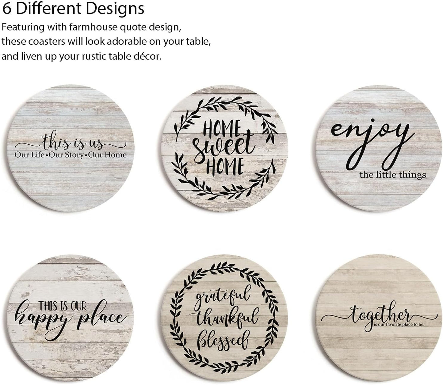 Coasters for Drinks, Set of 6 Absorbent Drink Coasters with Holder, Farmhouse Style Ceramic Drink Coasters with Cork Backing for Table Protection, Housewarming Gifts for New Home