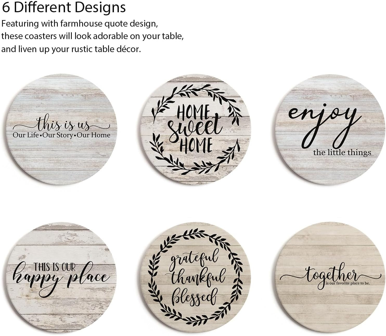 Coasters for Drinks, Set of 6 Absorbent Drink Coasters with Holder, Farmhouse Style Ceramic Drink Coasters with Cork Backing for Table Protection, Housewarming Gifts for New Home