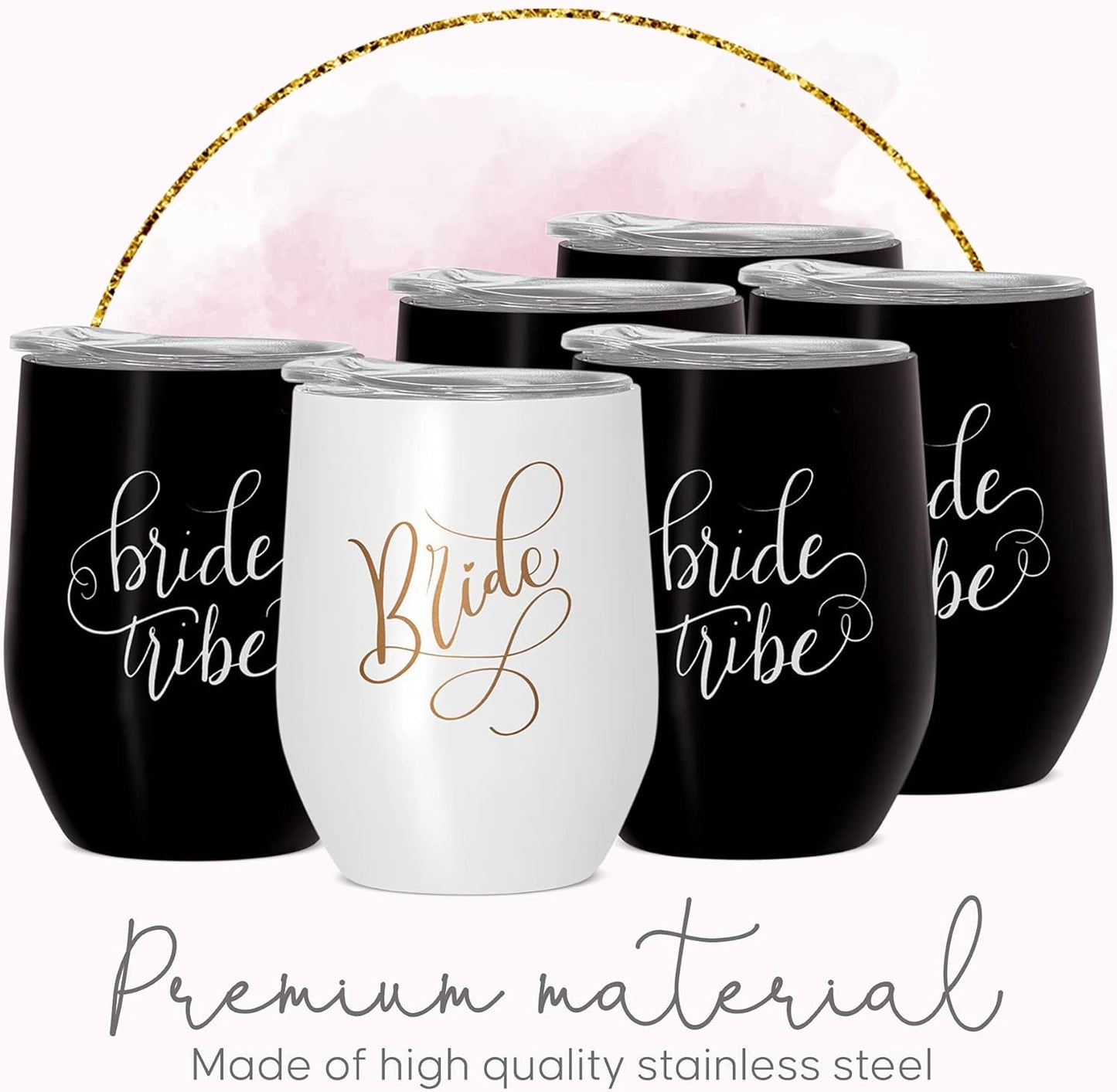 Bride & Bride Tribe Stainless Steel Wine Tumblers with Lids for Bachelorette Parties, Weddings, Bridesmaid Gifts, Reusable, 12Oz - 6 Piece Set (Black)