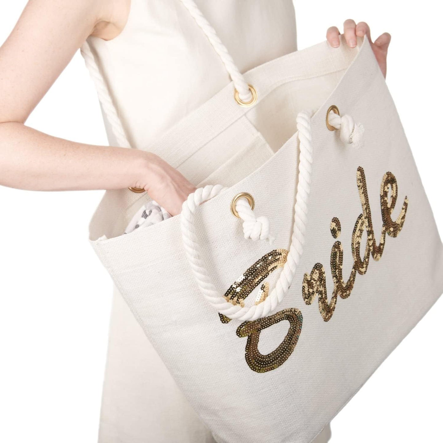 Bride Tote Bag, Jute Silver Sequin Interior Pocket, Wedding Party Honeymoon Gifts for Her