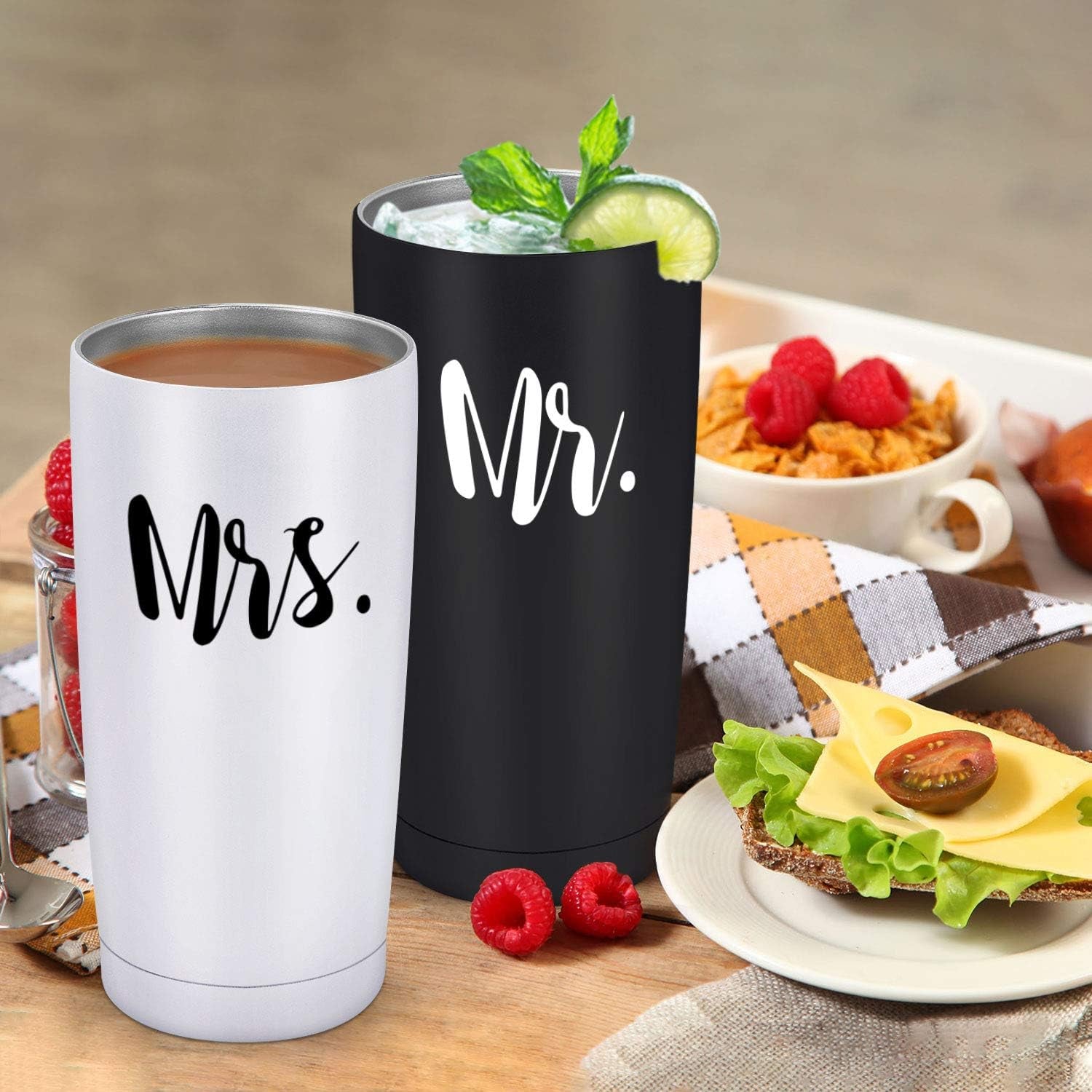 Mr and Mrs Tumbler Set of 2 Stainless Steel Travel Tumbler Ideas for Newlyweds Couples Wife Bride to Be Newly Engaged Bridal Shower, Insulated Travel Tumbler for Wedding Engagement(20 Oz, Black&White)
