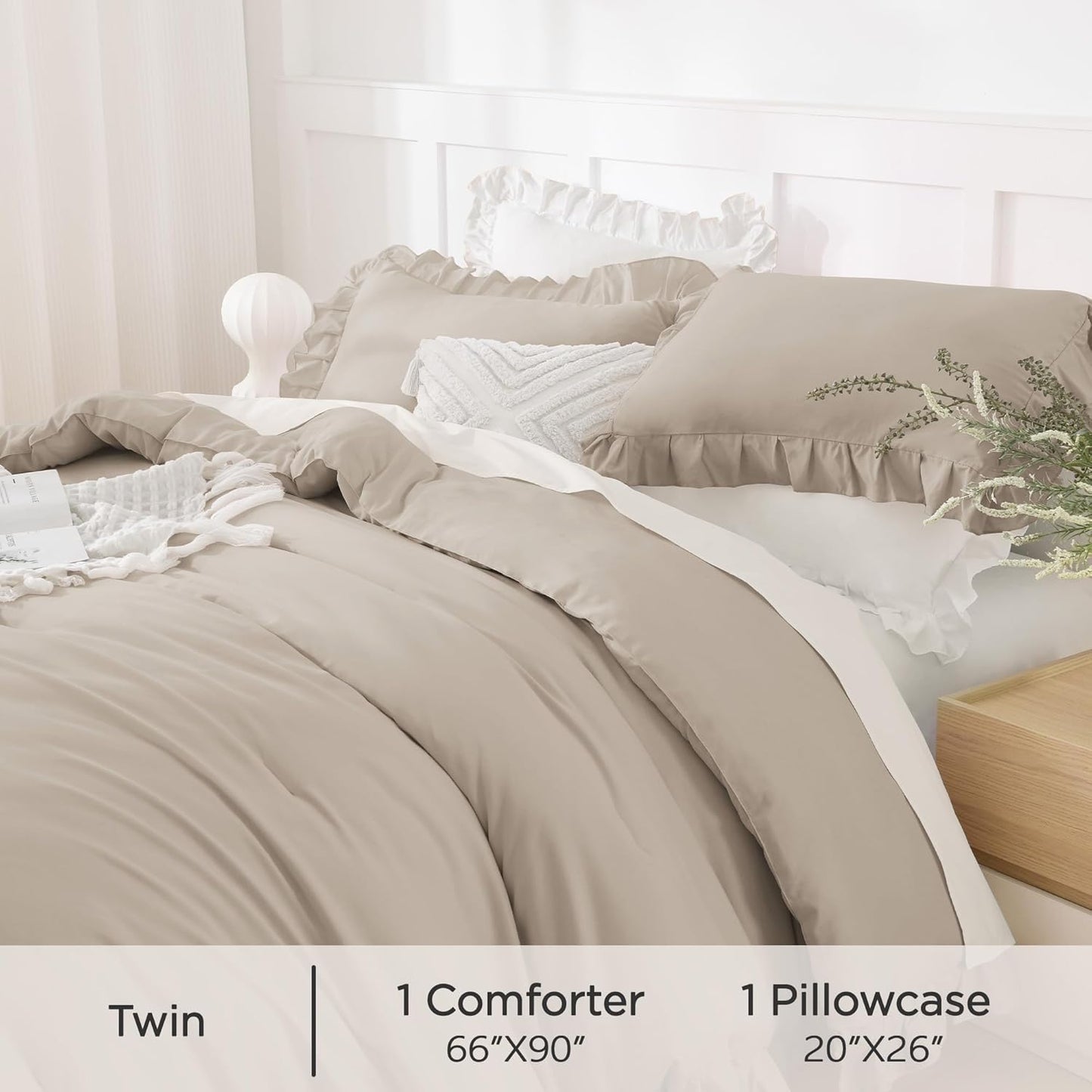 Wheat Ruffle Comforter Set, 2 Pieces Kids Comforter Set Twin(66X90Inch), Farmhouse Shabby Chic Comforter Set, Soft Microfiber Kids Bedding Set