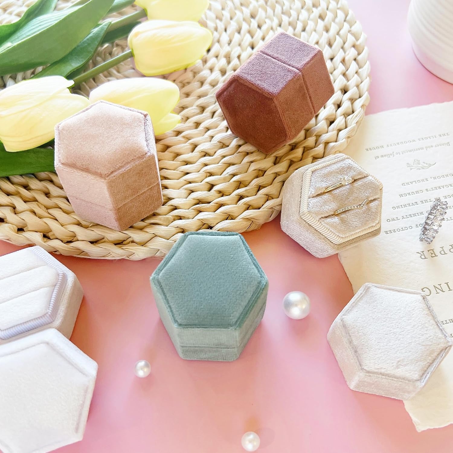 Hexagon Velvet 2 Slots Jewelry Ring Box Engagement Ring Box Wedding Day Detachable Lid for Proposal Engagement Wedding Ceremony (Ballet Pink)