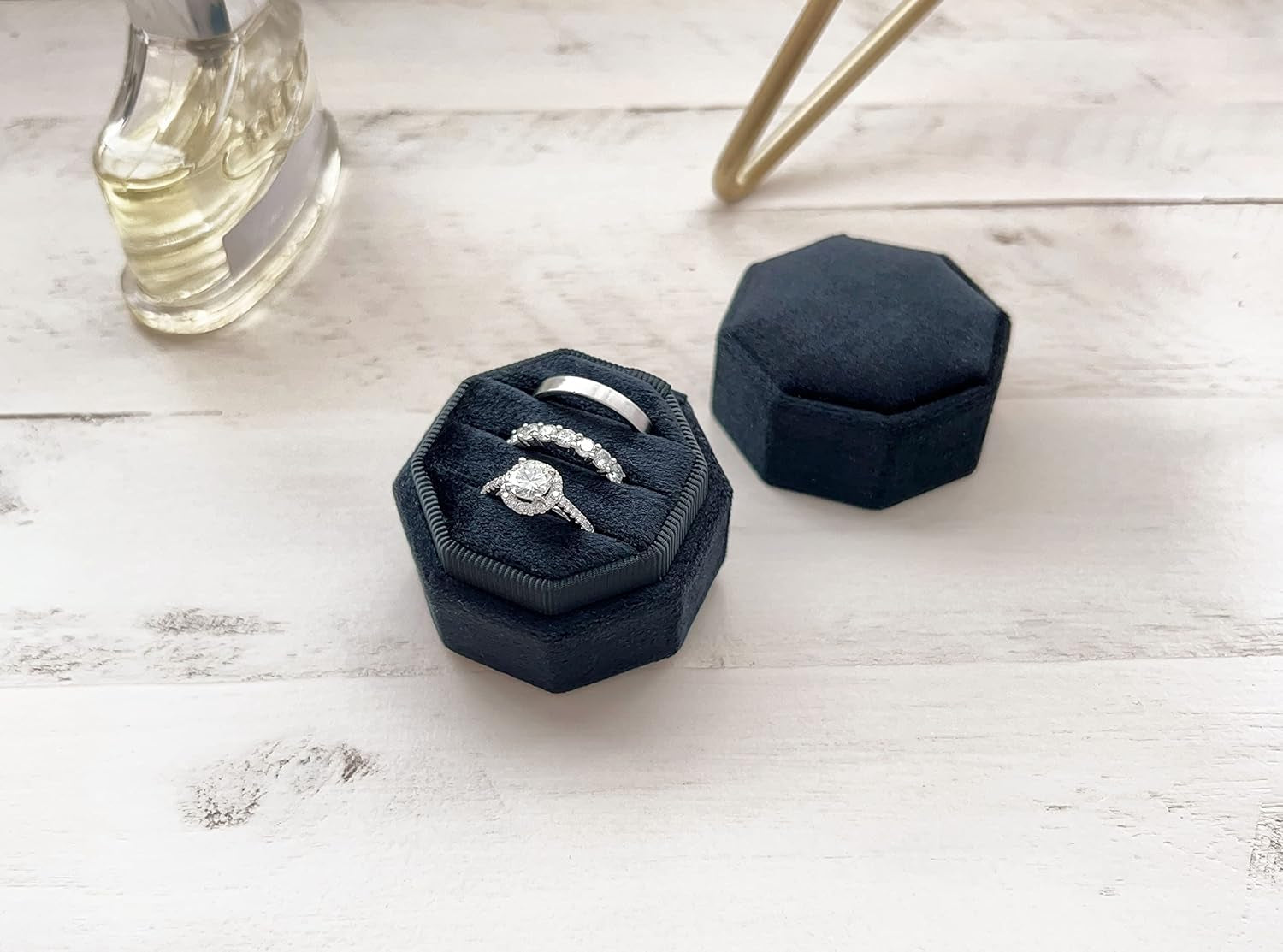 Velvet 3 Slots Jewelry Ring Box Engagement Wedding Box Keepsake Box Bridal Photo Ring Triple Slots Octagon (Black)