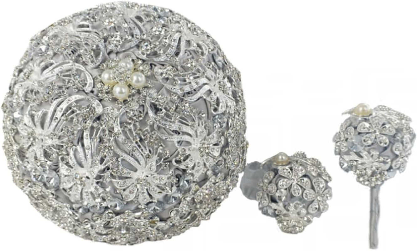 Wedding Bouquet Luxury Artifical Diamond Wedding Bouquet Set Including Bouquets, Wrist Flowers,Corsage,Handmade with Shimmering Diamonds for Elegant Bridal (Silver+Gray)