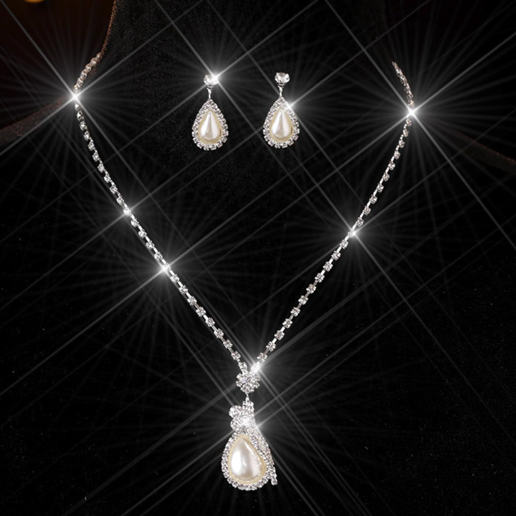 Bride Silver Necklace Earrings Set Crystal Bridal Wedding Jewelry Sets Rhinestone Choker Necklace for Women and Girls