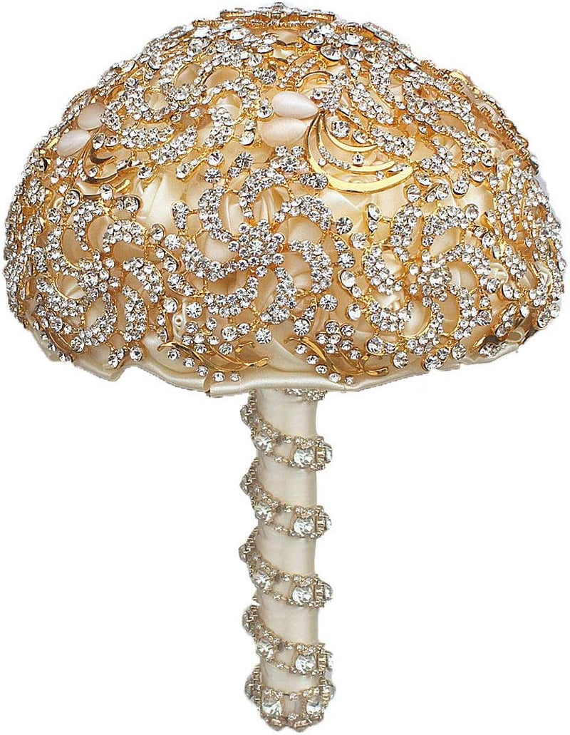 Wedding Bouquet with Golden Luxury Artificial Diamond,Set Including Bouquets, Wrist Flowers,Corsage for Your Wedding with Full Hand-Made (Gold+Ivory)