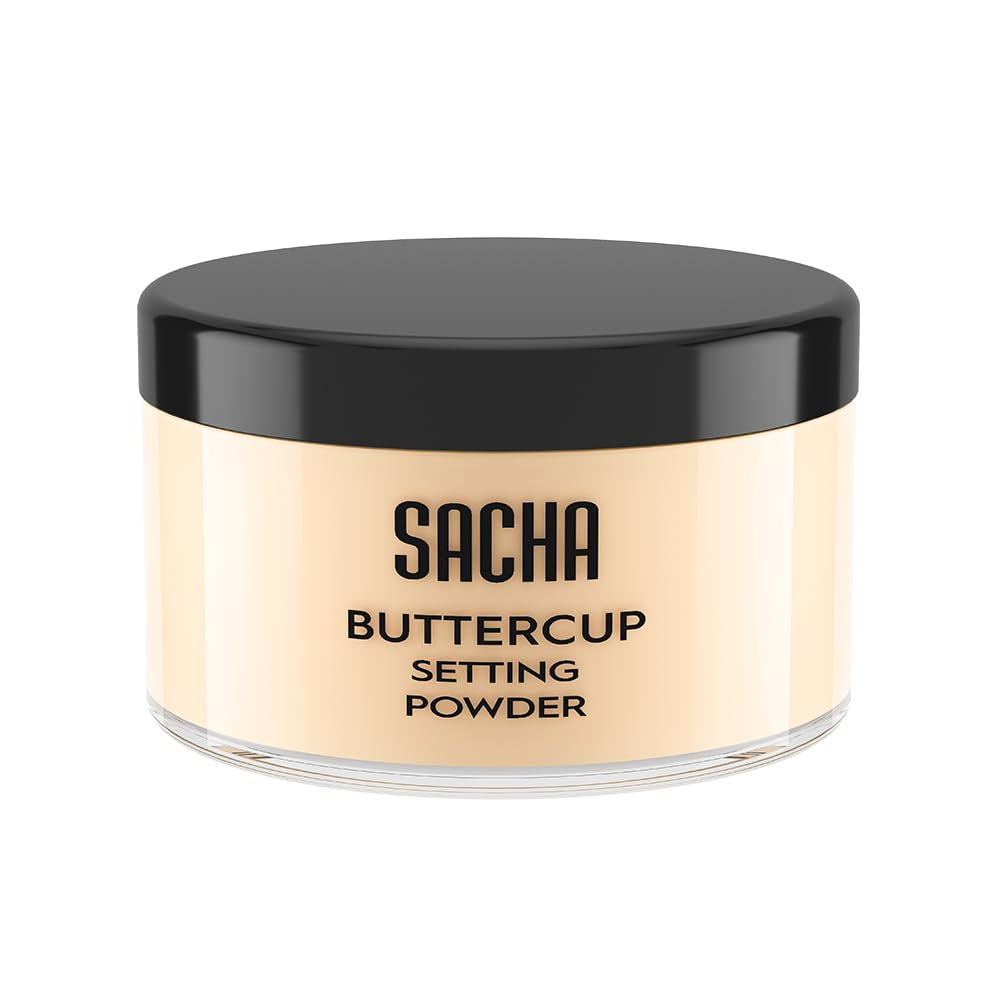 Sacha BUTTERCUP Setting Powder. No Ashy Flashback. Blurs Fine Lines and Pores. Loose, Translucent Face Powder to Set Makeup Foundation or Concealer. for Medium to Dark Skin Tones, 1.75 Oz.