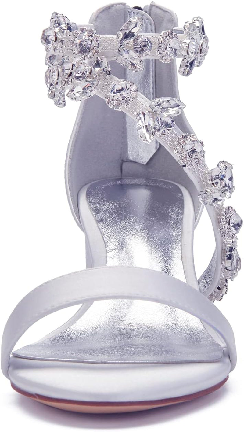 Women'S Low Block Heel Sandals Chunky Ankle Strap Crystal Wedding Dress Shoes Low Heel Comfortable Pump Sandals