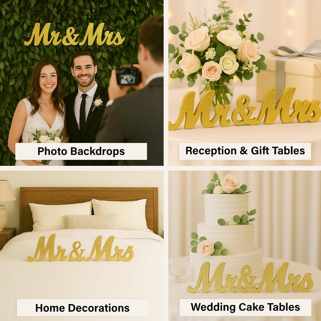 Gold Wooden Mr & Mrs Signs for Wedding Decorations - Reception & Sweetheart Table Decor
