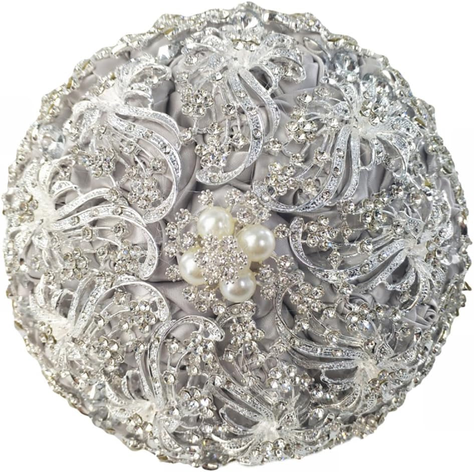 Wedding Bouquet Luxury Artifical Diamond Wedding Bouquet Set Including Bouquets, Wrist Flowers,Corsage,Handmade with Shimmering Diamonds for Elegant Bridal (Silver+Gray)