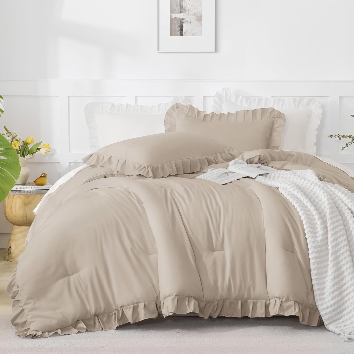 Wheat Ruffle Comforter Set, 2 Pieces Kids Comforter Set Twin(66X90Inch), Farmhouse Shabby Chic Comforter Set, Soft Microfiber Kids Bedding Set