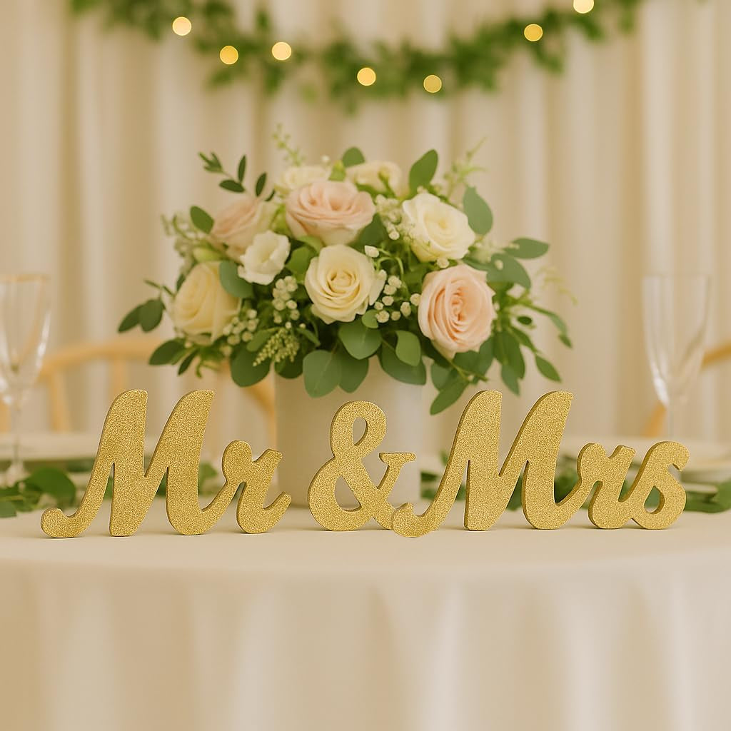 Gold Wooden Mr & Mrs Signs for Wedding Decorations - Reception & Sweetheart Table Decor