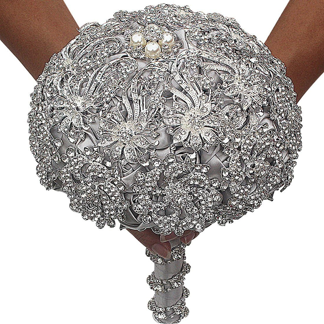 Wedding Bouquet Luxury Artifical Diamond Wedding Bouquet Set Including Bouquets, Wrist Flowers,Corsage,Handmade with Shimmering Diamonds for Elegant Bridal (Silver+Gray)