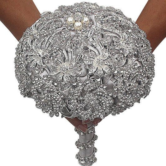 Wedding Bouquet Luxury Artifical Diamond Wedding Bouquet Set Including Bouquets, Wrist Flowers,Corsage,Handmade with Shimmering Diamonds for Elegant Bridal (Silver+Gray)