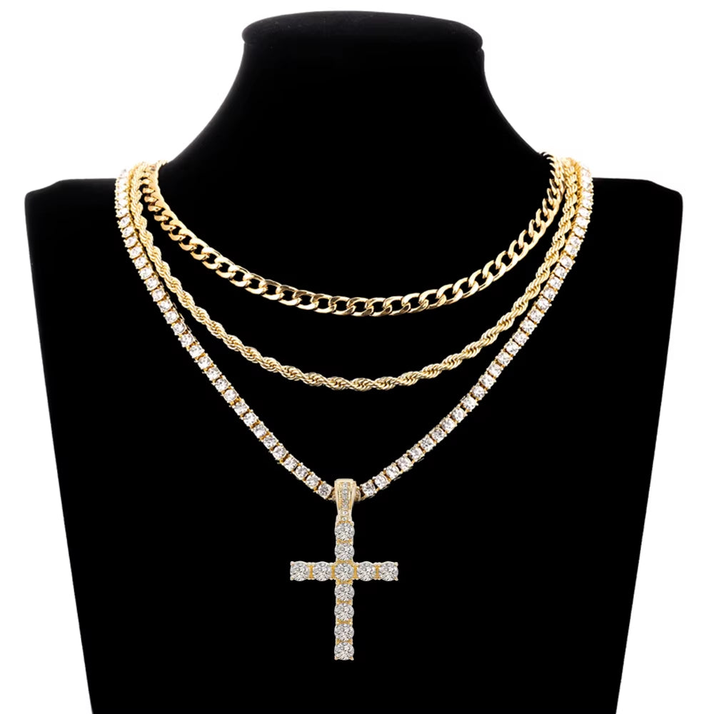 Stylish Hip Hop Cross Pendant Necklace with Zircon Tennis Chain - Iced Out Bling Jewelry for Men and Women - Perfect Fashion Gift!