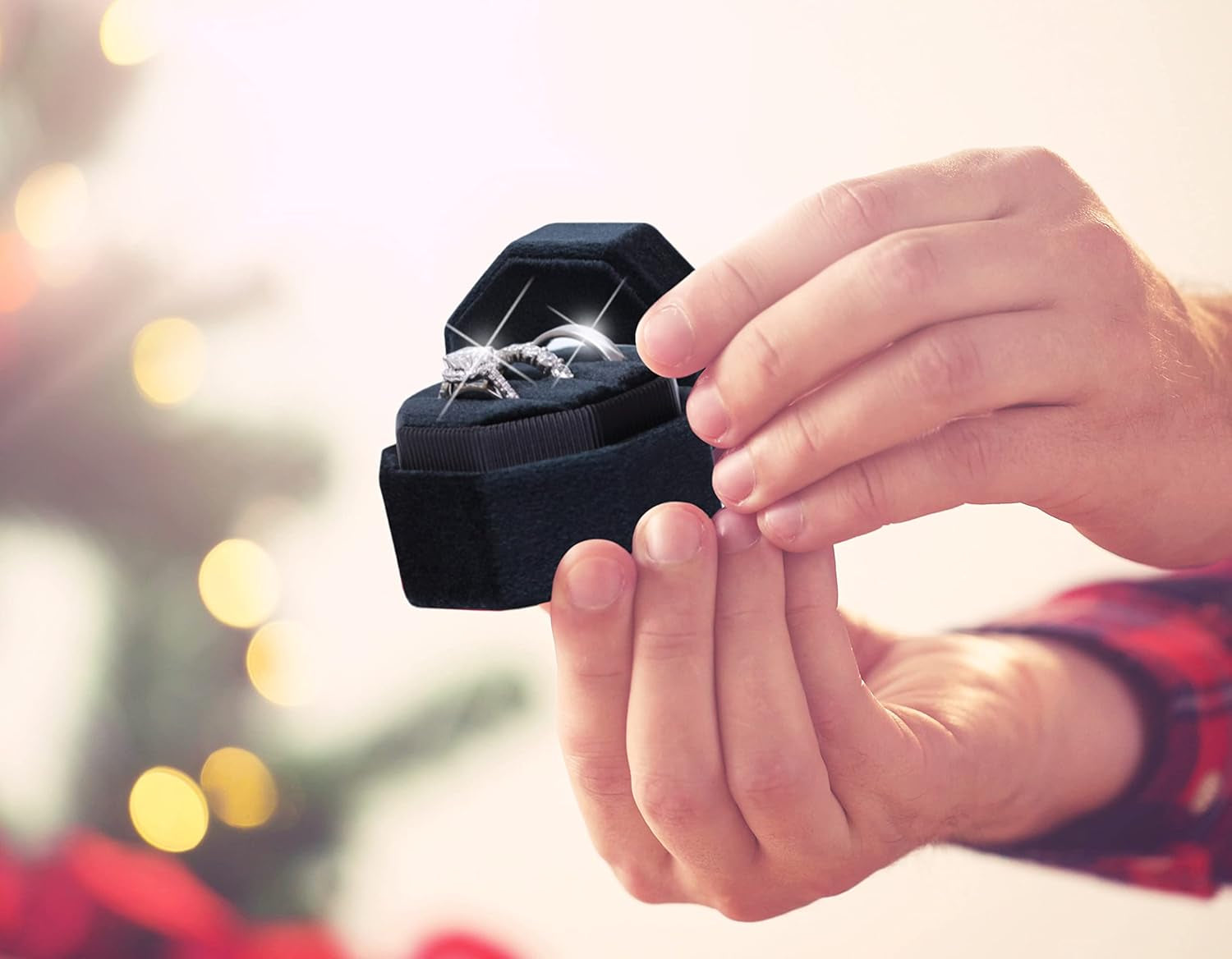 Velvet 3 Slots Jewelry Ring Box Engagement Wedding Box Keepsake Box Bridal Photo Ring Triple Slots Octagon (Black)