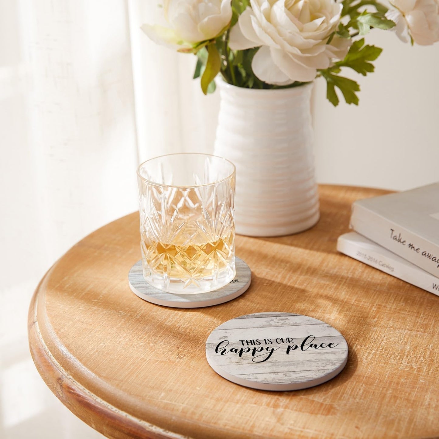 Coasters for Drinks, Set of 6 Absorbent Drink Coasters with Holder, Farmhouse Style Ceramic Drink Coasters with Cork Backing for Table Protection, Housewarming Gifts for New Home