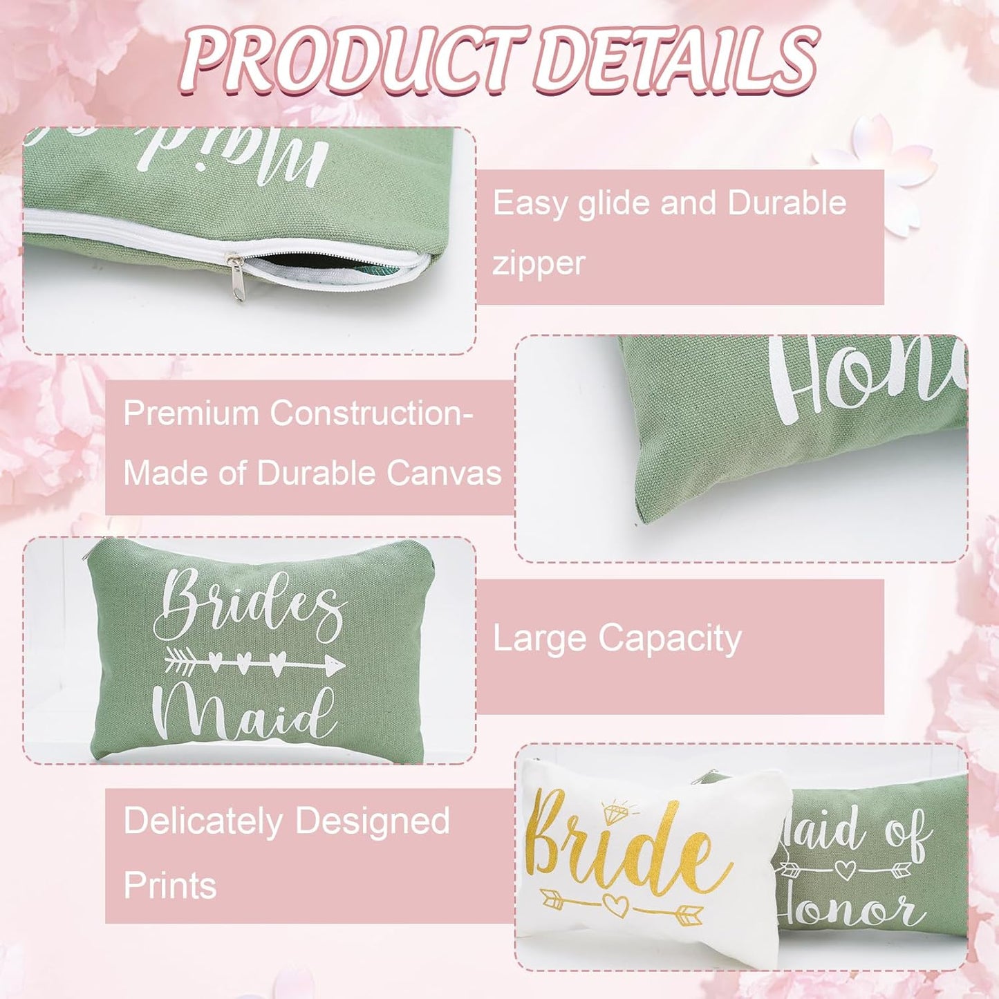 8Pcs Bridesmaids Makeup Bags Wedding Bridal Cosmetic Canvas Organizer Bag Sage Green Maid of Honor Zipper Cosmetic Pouch for Women Wedding Bridal Shower Party Favor Supplies