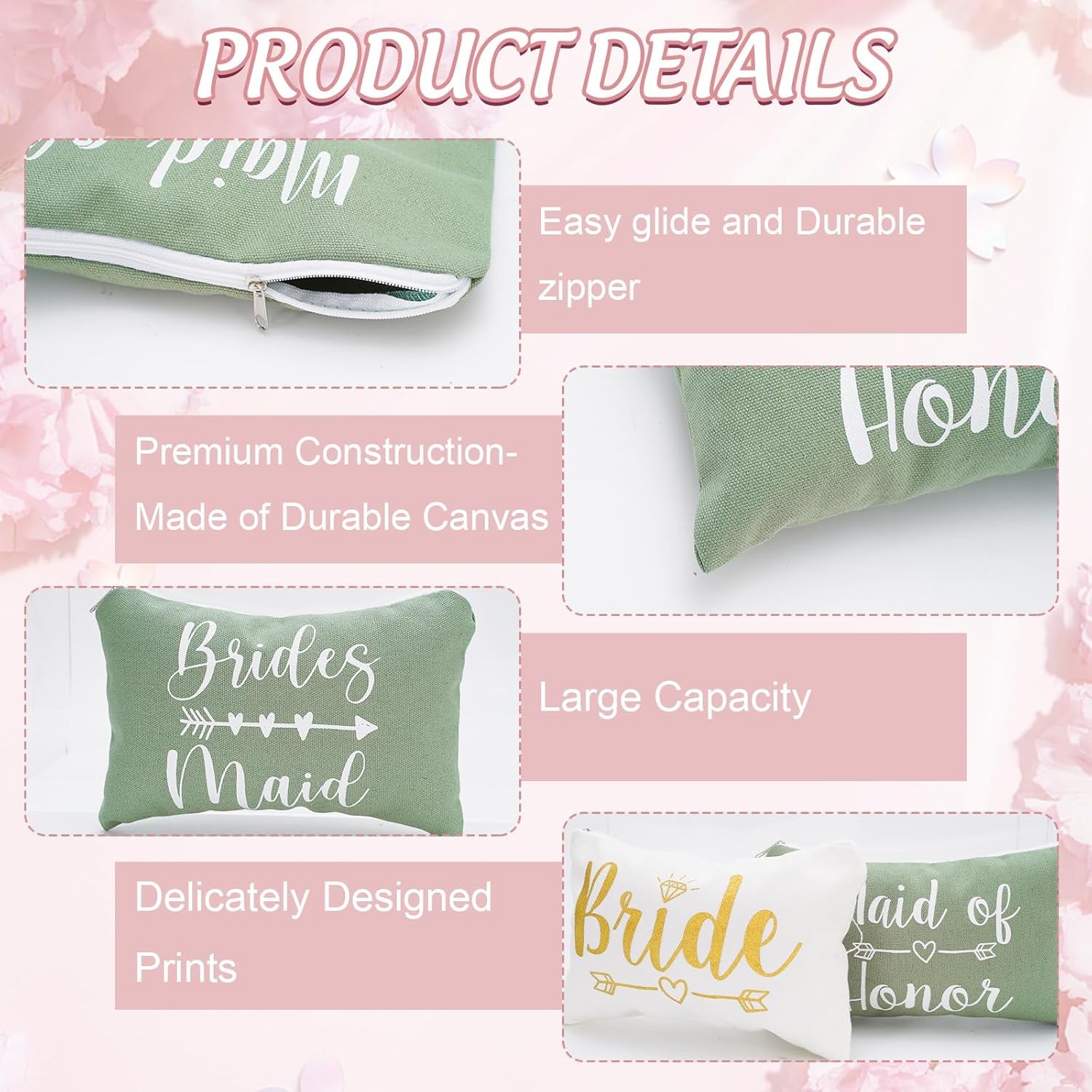 8Pcs Bridesmaids Makeup Bags Wedding Bridal Cosmetic Canvas Organizer Bag Sage Green Maid of Honor Zipper Cosmetic Pouch for Women Wedding Bridal Shower Party Favor Supplies