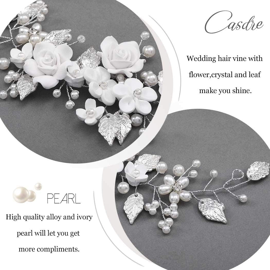 Flower Bride Wedding Hair Vine Pearl Bridal Headpiece Leaf Hair Accessories Hair Piece for Women and Girls (A Silver)