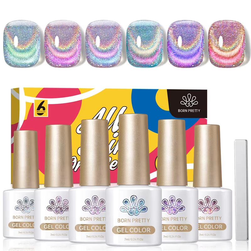 6PCS Pink Ocean Cat Magnetic Nail Gel Polish Set - Holographic Jelly Manicure Kit for Salon-Quality Art