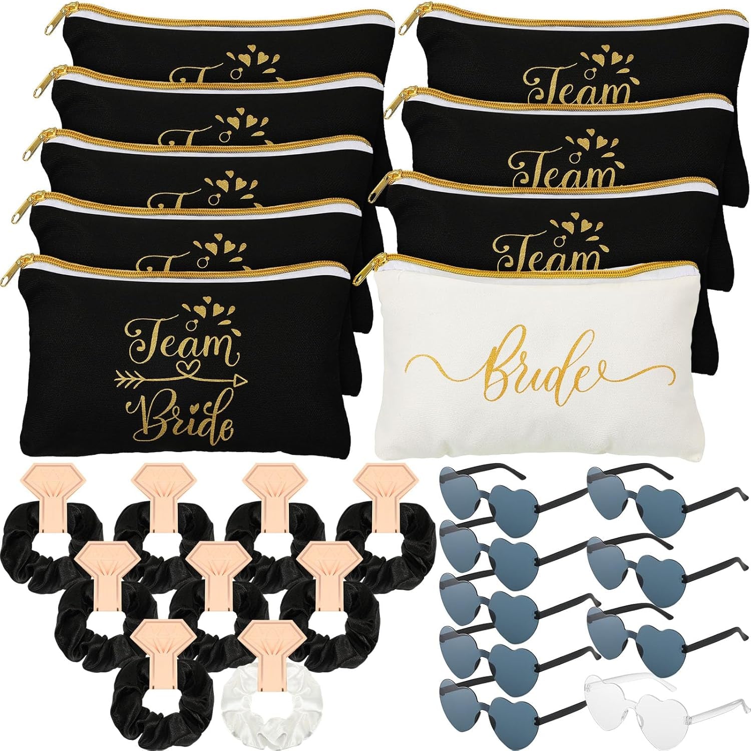 27 Pcs Bridesmaid Proposal Gift Bride Cosmetic Makeup Bags Bridal Hair Scrunchies Ties Heart Shape Sunglasses for Wedding Bachelorette Party Favor(Black, White)