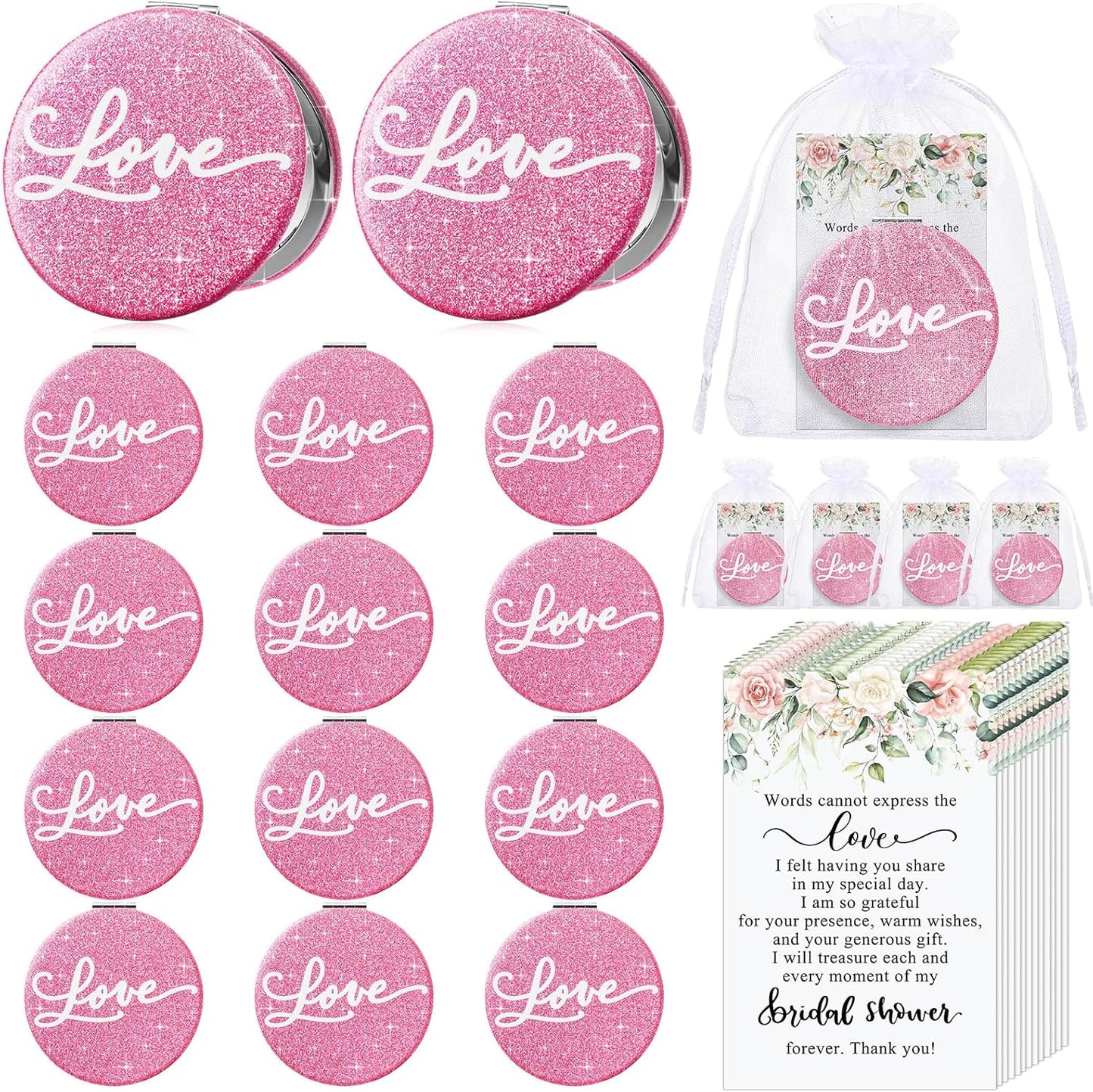 12 Sets Bridal Shower Favors for Guests 12 Pink Compact Mirror Bulk 12 Thank You Cards with Organza Bags Wedding Party Favors Bridesmaid Souvenir Gifts
