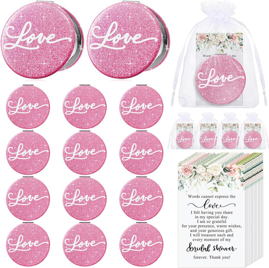 12 Sets Bridal Shower Favors for Guests 12 Pink Compact Mirror Bulk 12 Thank You Cards with Organza Bags Wedding Party Favors Bridesmaid Souvenir Gifts