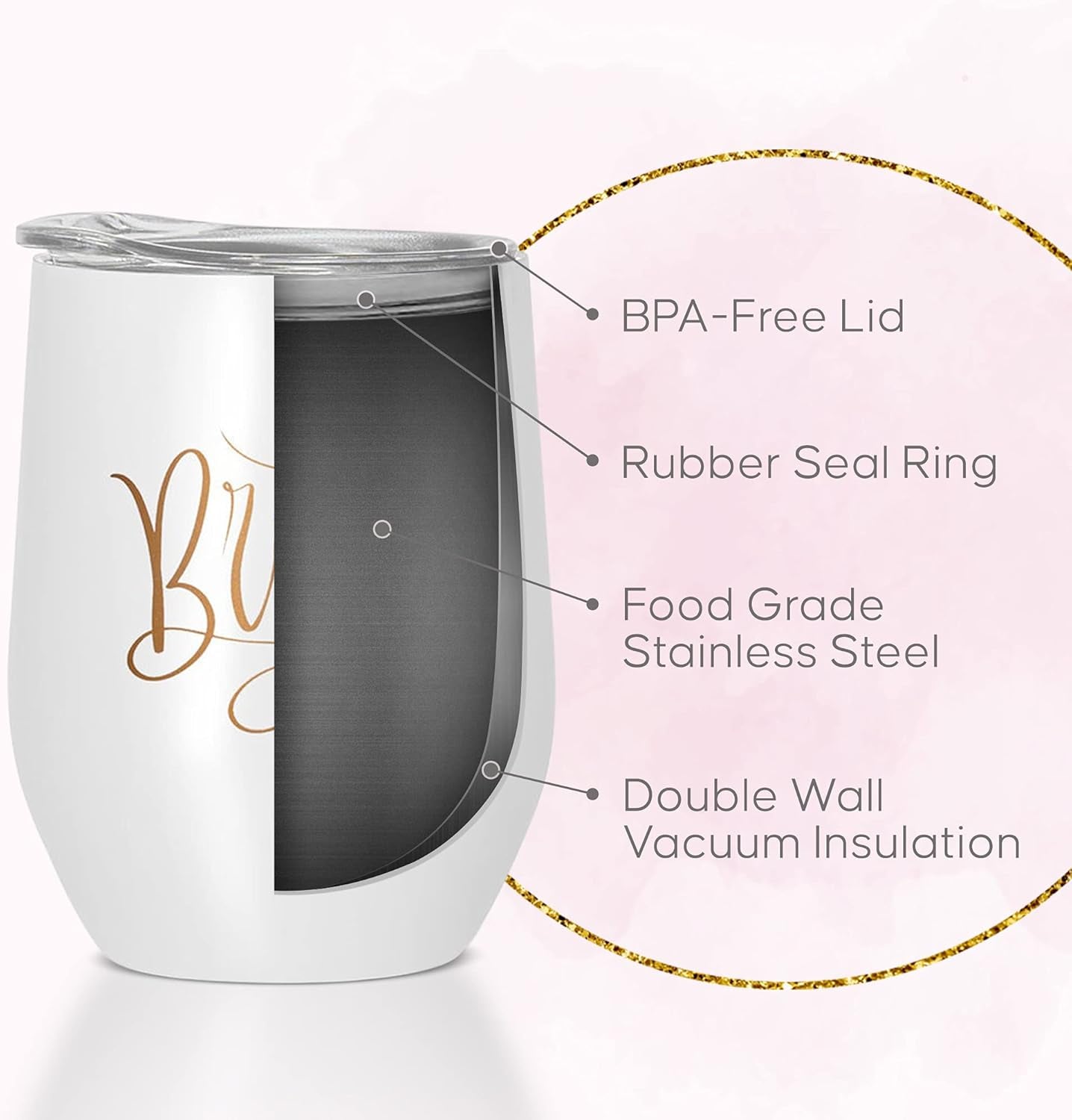 Bride & Bride Tribe Stainless Steel Wine Tumblers with Lids for Bachelorette Parties, Weddings, Bridesmaid Gifts, Reusable, 12Oz - 6 Piece Set (Black)