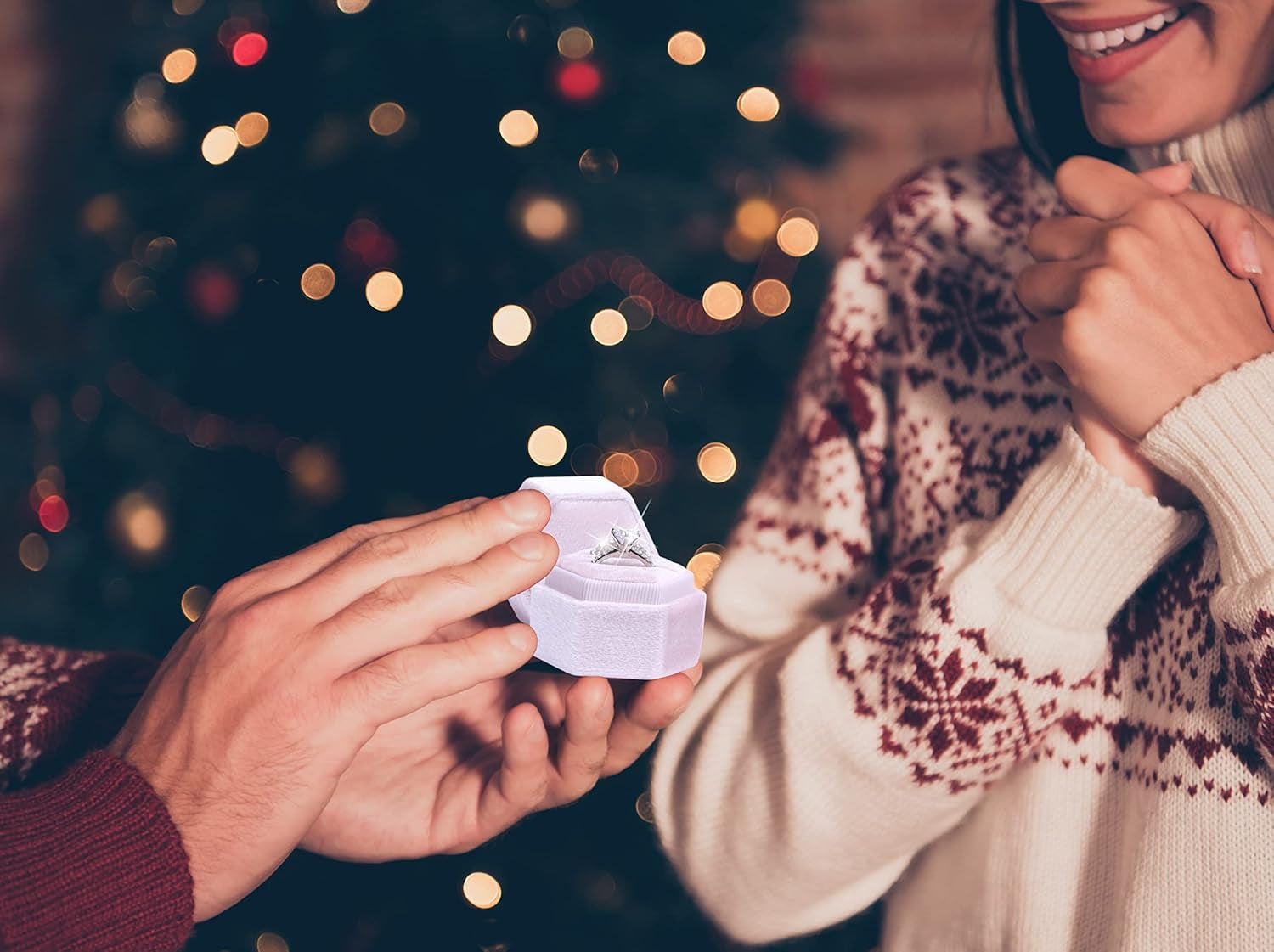 Hexagon Velvet 2 Slots Jewelry Ring Box Engagement Ring Box Wedding Day Detachable Lid for Proposal Engagement Wedding Ceremony (Ballet Pink)