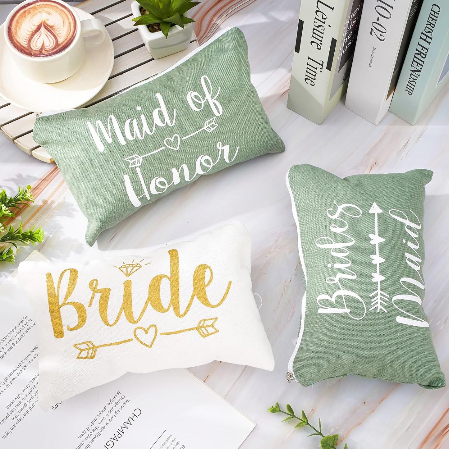 8Pcs Bridesmaids Makeup Bags Wedding Bridal Cosmetic Canvas Organizer Bag Sage Green Maid of Honor Zipper Cosmetic Pouch for Women Wedding Bridal Shower Party Favor Supplies