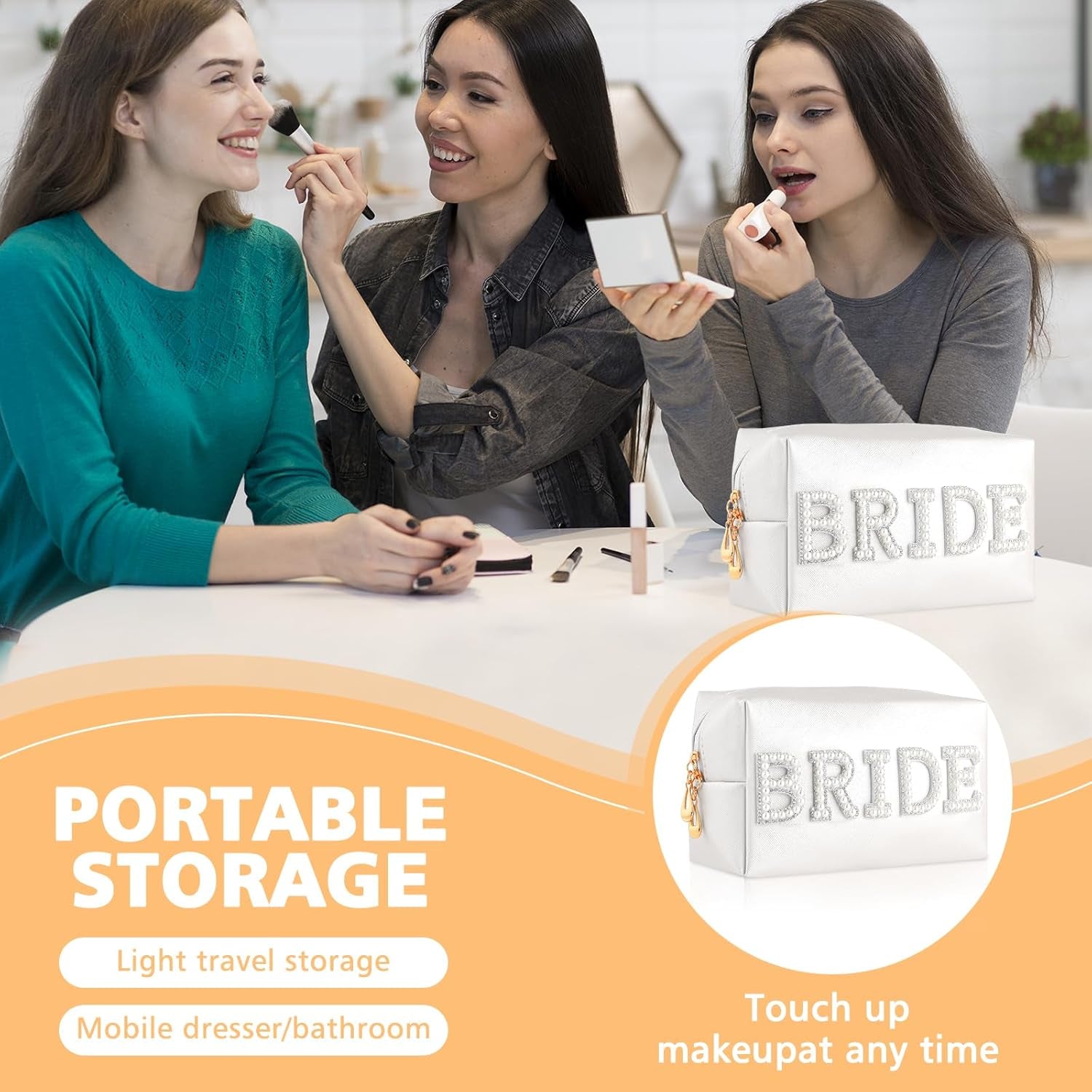 Bride Letter Makeup Bag Pearl Patch Bride Cosmetic Bag Rhinestone Travel Toiletry Bag Waterproof Zipper Purse for Bachelorette Party Women Wedding Bridal Bridesmaid Gifts Engagement Gift